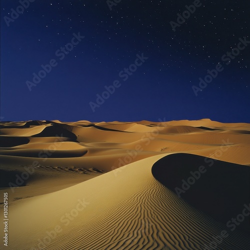 Fototapeta Naklejka Na Ścianę i Meble -  A vast desert landscape with smooth sand dunes, their curves highlighted by soft moonlight ar 16:9 v 6.1 q 2