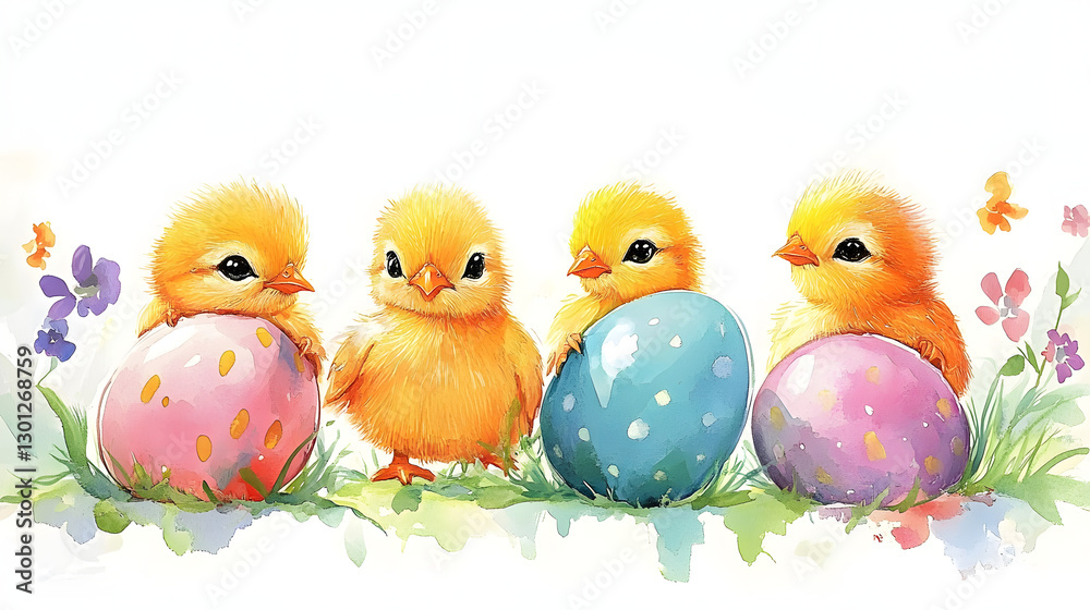 Colorful chicks emerge from Easter eggs in a playful watercolor illustration capturing the joy of springtime Colorful chicks emerge from Easter eggs in a playful watercolor illustration capturing the joy of springtime