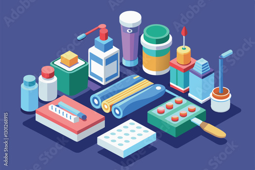 A variety of oral care products are displayed in an isometric view, showcasing customization options, Oral care Customizable Isometric Illustration
