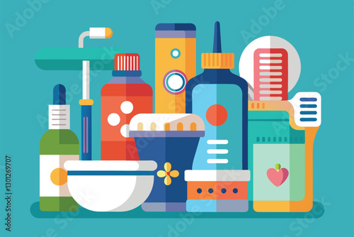 An array of oral care items is displayed, highlighting customizable products for daily dental hygiene, Oral care Customizable Semi Flat Illustration
