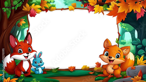 Charming autumn scene with friendly animals and colorful falling leaves in a forest copy space