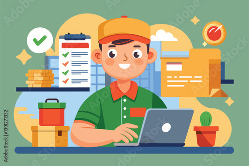 A cheerful delivery person uses a laptop to customize and manage orders in a vibrant workspace, Order ahead Customizable Cartoon Illustration