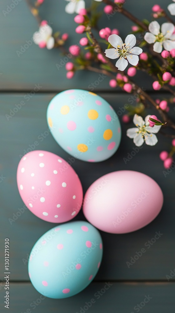 Easter Holiday, Easter Concept, Pastel Easter Eggs with Spring Blossoms on Rustic Wooden Background Easter Holiday, Easter Concept, Pastel Easter Eggs with Spring Blossoms on Rustic Wooden Background