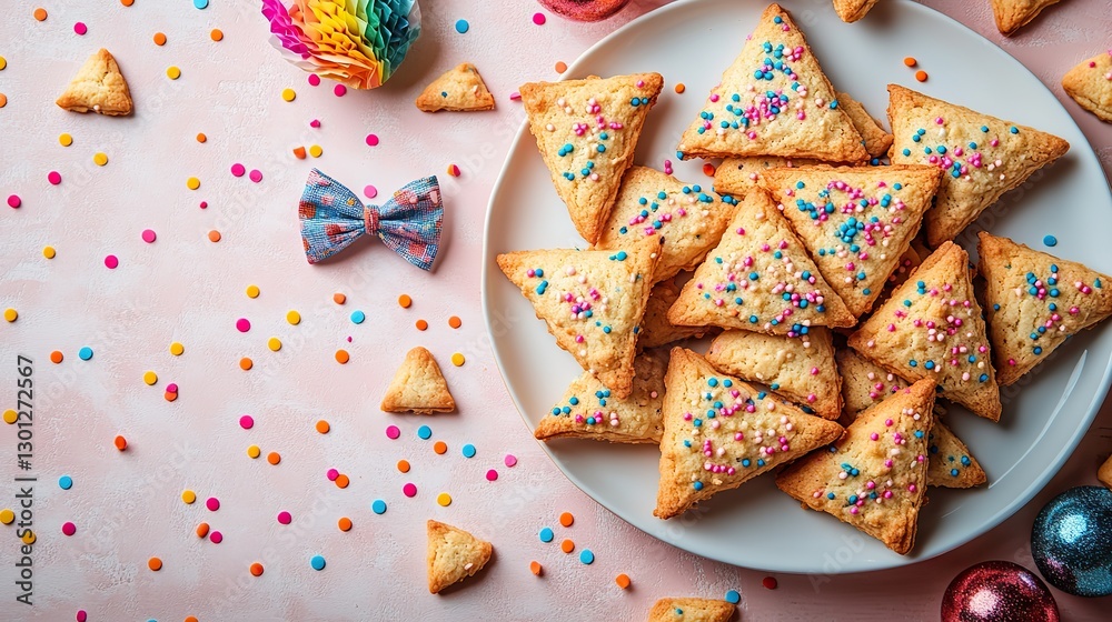 An overhead vertical snapshot of a Purim party invite triangular filled cookies, decorations, party masks, a bow tie blower, and a gragger on a pale pink background with blank space for your text An overhead vertical snapshot of a Purim party invite triangular filled cookies, decorations, party masks, a bow tie blower, and a gragger on a pale pink background with blank space for your text