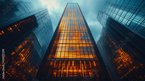 Wallpaper Mural Illuminated glass facades of towering skyscrapers capture the warm glow of sunset, creating a mesmerizing contrast against the moody blue evening sky. Urban architecture stands tall Torontodigital.ca