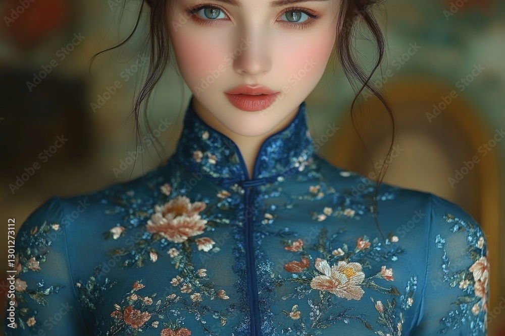 A close-up view of a woman wearing a blue dress, with her face and upper body visible A close-up view of a woman wearing a blue dress, with her face and upper body visible
