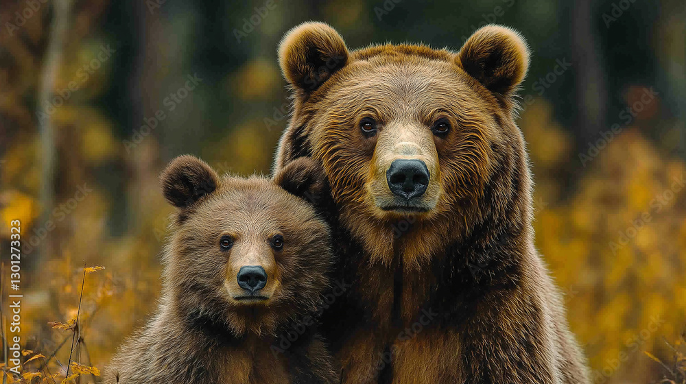 Fototapeta premium In a serene forest blanketed by autumn leaves, a mother bear stands protectively beside her curious cub, both gazing peacefully at their surroundings, embodying the bond of family