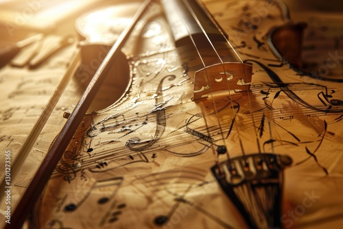 An Elegant Violin Beautifully Set Against a Background of Sheet Music for Added Depth and Character