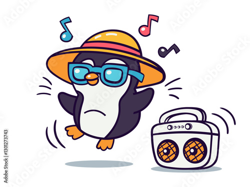 Cute penguin character wearing a sunhat and sunglasses listens to music and dances. Vector cartoon illustration isolated on white.