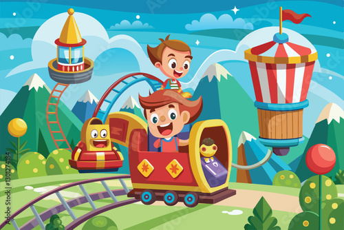 Children experience a fun, customizable cartoon ride surrounded by a colorful landscape and mountains, Order ride Customizable Cartoon Illustration