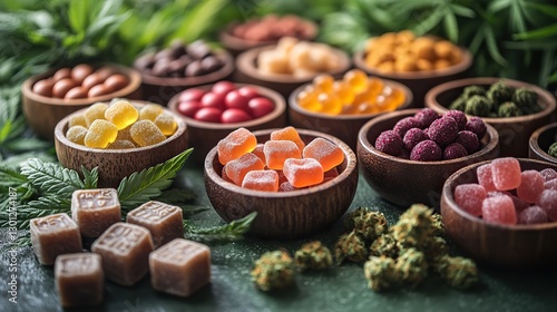 Assorted CBD edibles, including gummies, candies, and colorful treats with hemp leaves on a green background, convey the concept of cannabis wellness and alternative medicine.