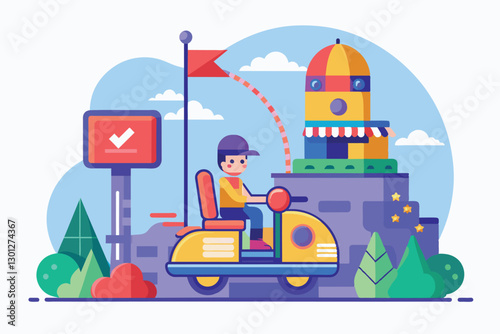A young rider customizes their flat ride in a vibrant, outdoor setting filled with trees and structures, Order ride Customizable Flat Illustration