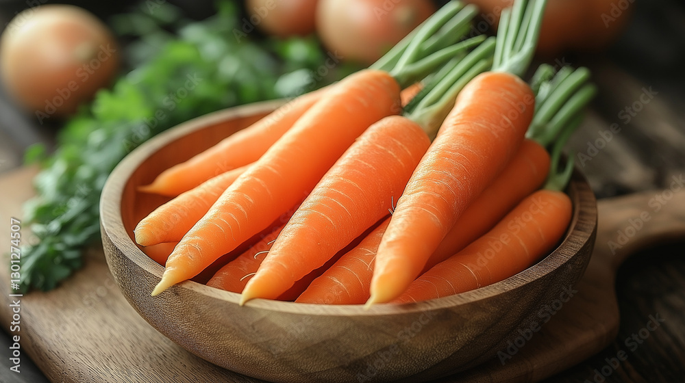 Bright orange carrots rest in a beautifully crafted wooden bowl, showcasing their freshness. Nearby, onions and fresh herbs enhance the natural, rustic feel of this farm-fresh display