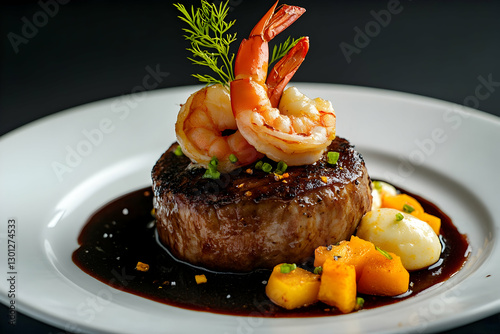 Delicious gourmet surf and turf dish featuring grilled shrimp and seared steak with vibrant mango and creamy sauce on a black plate
