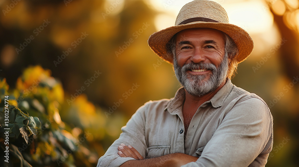 Obraz premium Wearing a straw hat, an older man beams with happiness as he stands amidst lush vines. The warm glow of sunset bathes the vineyard in serene light, celebrating a moment of peace