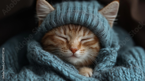 A content orange tabby cat lies snugly wrapped in a teal knitted sweater, its eyes gently closed in restful slumber. The peaceful afternoon light casts a warm glow, enhancing the cozy atmosphere