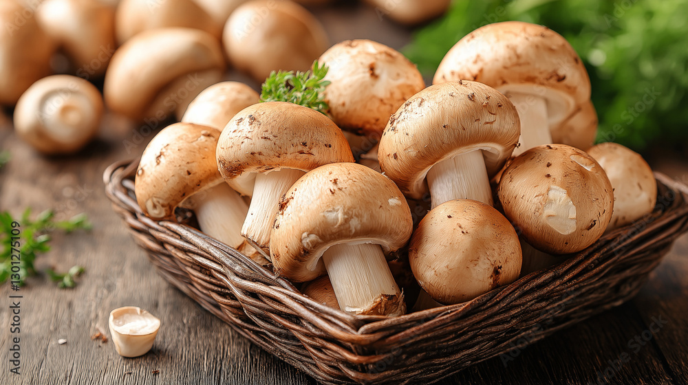 A rustic basket brimming with freshly harvested mushrooms sits invitingly on a wooden table. Nearby, vibrant herbs add a touch of green, enhancing the natural beauty. Ideal for cooking A rustic basket brimming with freshly harvested mushrooms sits invitingly on a wooden table. Nearby, vibrant herbs add a touch of green, enhancing the natural beauty. Ideal for cooking