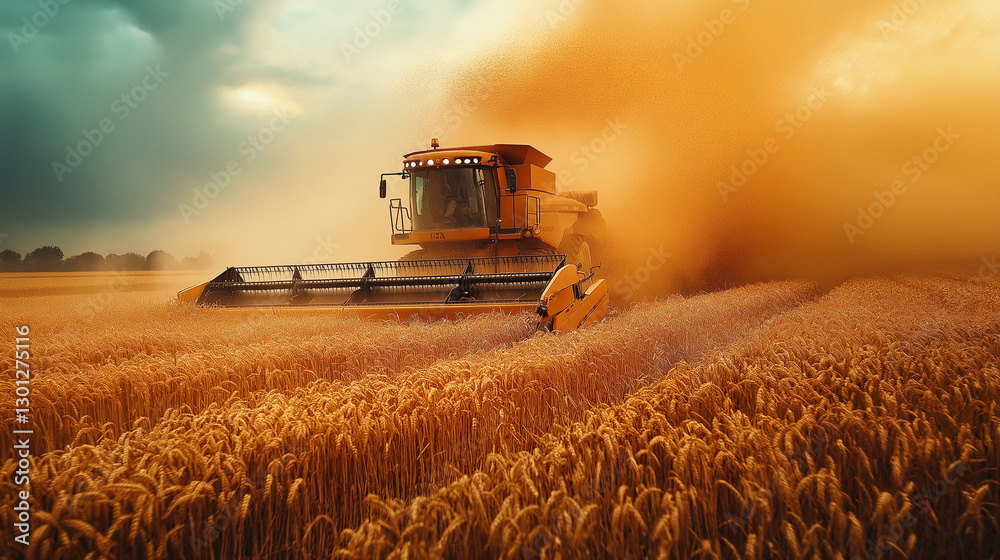 Fototapeta premium Under a vibrant sky at sunset, a powerful combine harvester moves through vast golden wheat fields, skillfully collecting the ripe crop while dust dances in the warm air