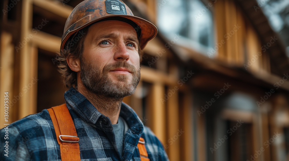 A dedicated worker stands thoughtfully at a construction site, wearing a hard hat and plaid shirt. The warm morning sunlight highlights his focused expression amidst wooden beams A dedicated worker stands thoughtfully at a construction site, wearing a hard hat and plaid shirt. The warm morning sunlight highlights his focused expression amidst wooden beams