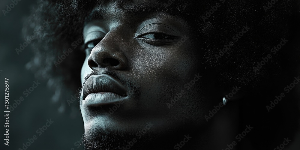 A close-up shot of a person's face featuring an afro hairstyle, great for portraits or cultural themes