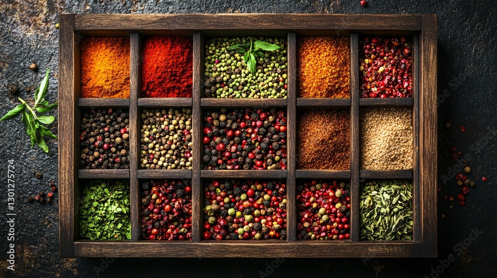 custom made wallpaper toronto digitalVibrant Spice Assortment Displayed in Wooden Box on Dark Background for Culinary Concept