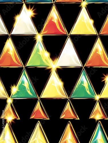 Polygonal Brilliance: Gleaming Triangles on Black Backdrop Repeat Pattern