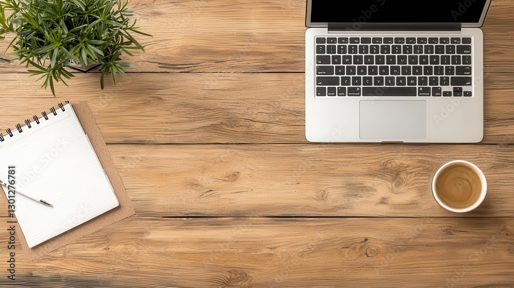 Workspace with a laptop, notebooks, and marketing charts on a wooden table, marketing research, creative insights Workspace with a laptop, notebooks, and marketing charts on a wooden table, marketing research, creative insights