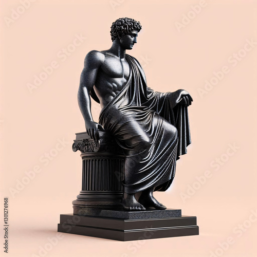 carbon fibre statue of a man in black. pink background.