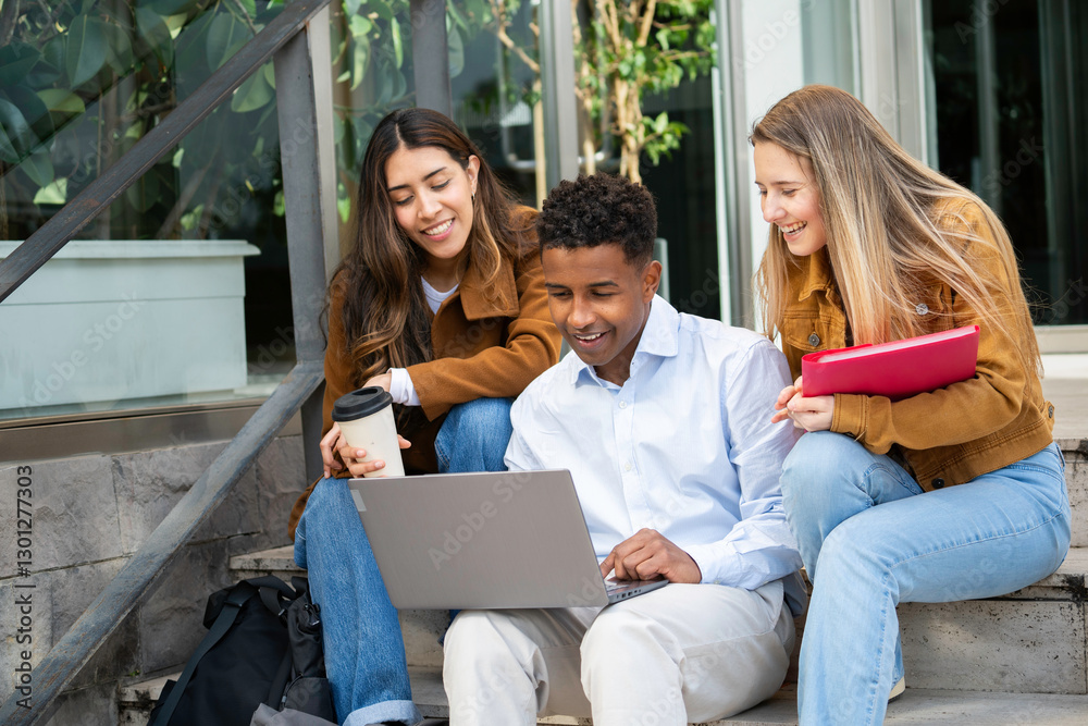 Happy diverse students collaborating on a project using laptop Happy diverse students collaborating on a project using laptop