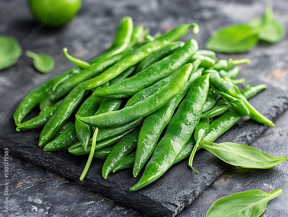 Fresh green beans on slate board Fresh green beans on slate board
