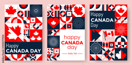 Happy Canada Day banner template set with Canada flag, fireworks, maple leaf and geometric shapes. Trendy modern abstract print for national independence day of Canada. Vector Illustration