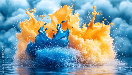 Blue and orange liquid splash cloud background