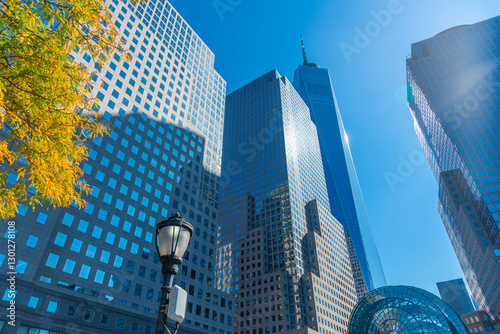 Modern skyscrapers under a shining sun in Lower Manhttan. photo