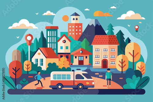A colorful illustration captures a lively town with people, vehicles, trees, and buildings on a sunny day, Ordinary day Customizable Semi Flat Illustration