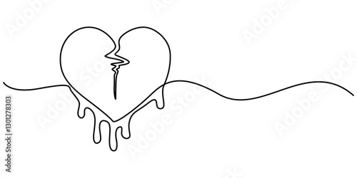 Broken Heart Continuous One Line Drawing. Heart is Broken One Line Minimal Art Drawing, Broken heart. Black isolated on white background, Vector one line art illustration of a broken heart pro style.