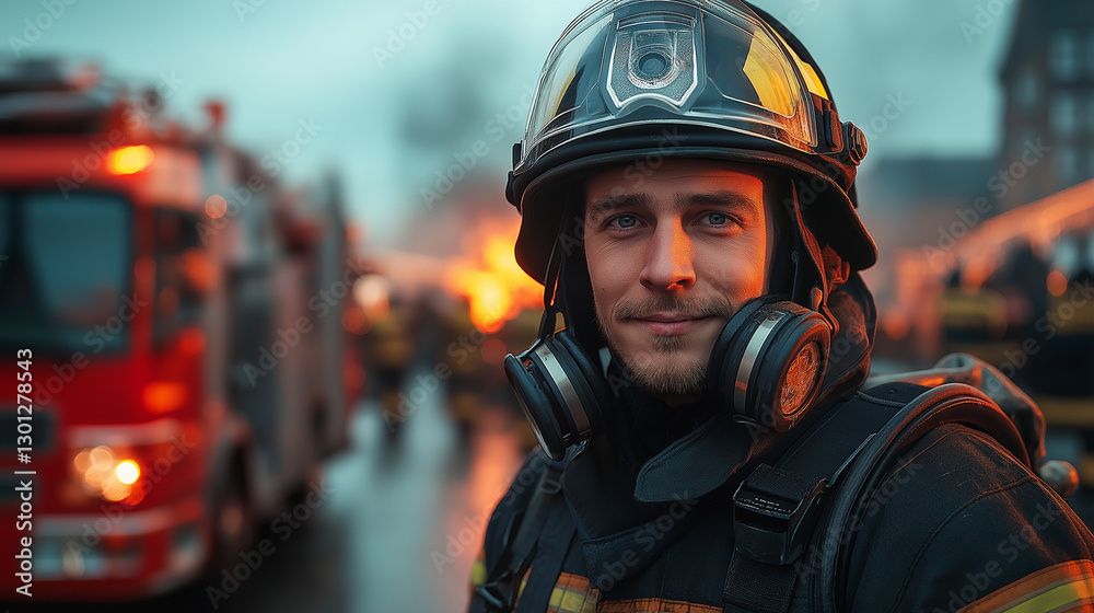 Naklejka premium Amidst smoke and glowing flames, a determined firefighter stands ready for action, showcasing courage in an urban firefighting operation during the night, surrounded by fellow heroes