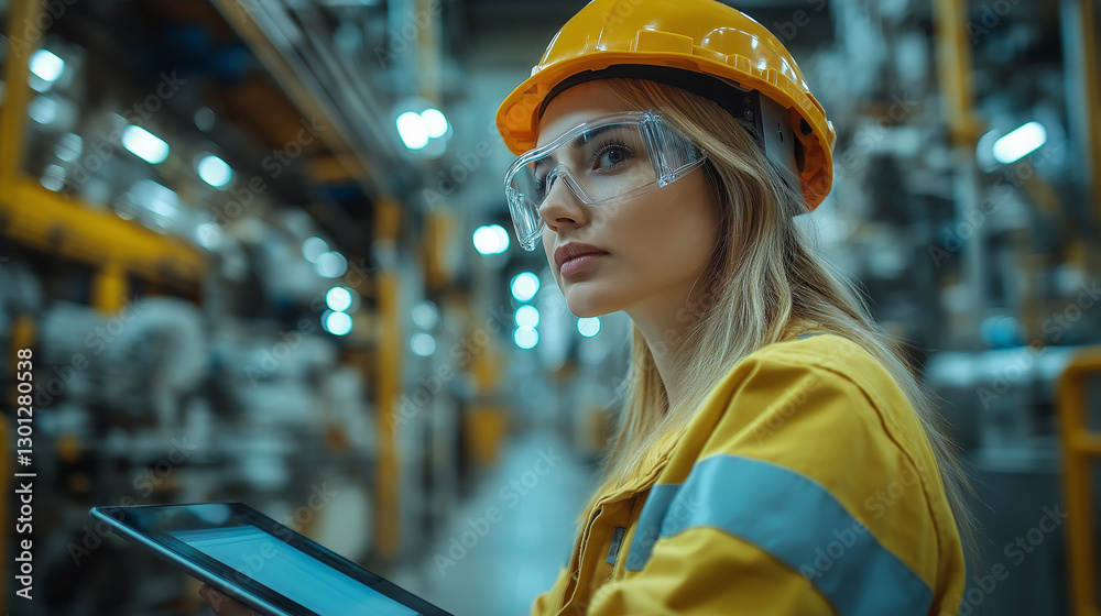 A skilled engineer in a hard hat and safety goggles carefully analyzes data on a tablet, surrounded by machinery and bustling activity in an industrial environment A skilled engineer in a hard hat and safety goggles carefully analyzes data on a tablet, surrounded by machinery and bustling activity in an industrial environment