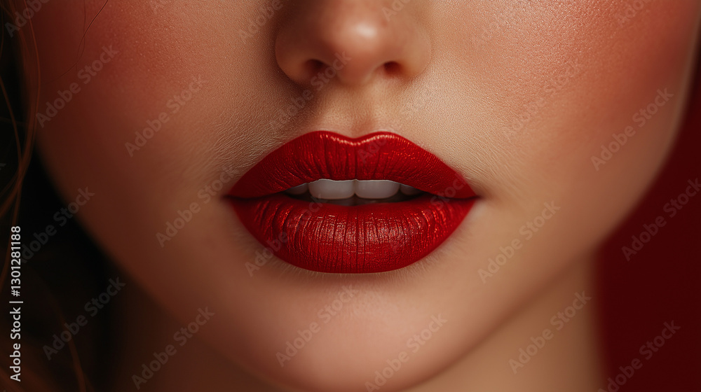 Glossy crimson lips draw attention in this close-up, revealing the art of makeup. The soft skin contrasts with the vibrant color, creating a stunning visual experience that mesmerizes Glossy crimson lips draw attention in this close-up, revealing the art of makeup. The soft skin contrasts with the vibrant color, creating a stunning visual experience that mesmerizes