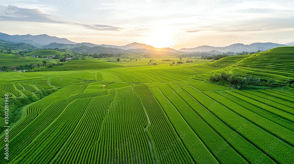 Fototapeta premium Aerial view of lush green rice terraces under a serene sunrise in the rolling hills.