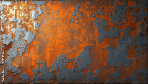 Eine Nahaufnahme von rostigem Metall mit abstrakten Mustern in Orange- und Blautönen. Die raue, verwitterte Textur verleiht dem Bild eine industrielle Ästhetik. Generative KI. photo
