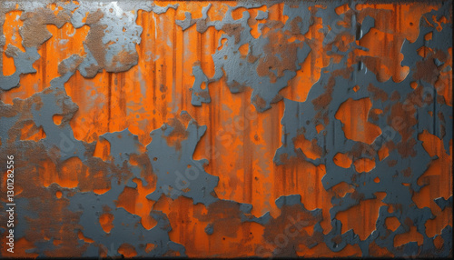Eine Nahaufnahme von rostigem Metall mit abstrakten Mustern in Orange- und Blautönen. Die raue, verwitterte Textur verleiht dem Bild eine industrielle Ästhetik. Generative KI. photo