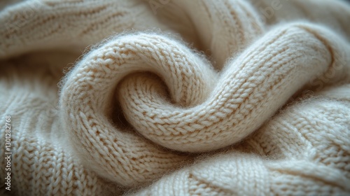 Beige knitwear fabric with pigtails and stripes, a cozy sweater texture.