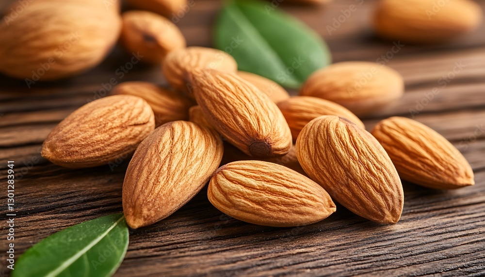 Almonds on wood with green leaves on background Almonds on wood with green leaves on background