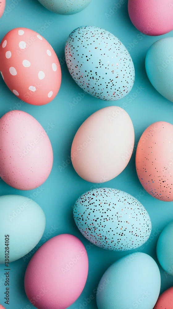 Easter Holiday, Easter Concept, Pastel Easter Eggs Flat Lay Pink Blue and White Decorated Eggs on Teal Background Easter Holiday, Easter Concept, Pastel Easter Eggs Flat Lay Pink Blue and White Decorated Eggs on Teal Background