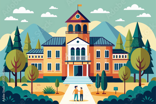 Two children stand outside an orphanage, framed by trees and mountains under a bright sky, Orphanage Customizable Disproportionate Illustration