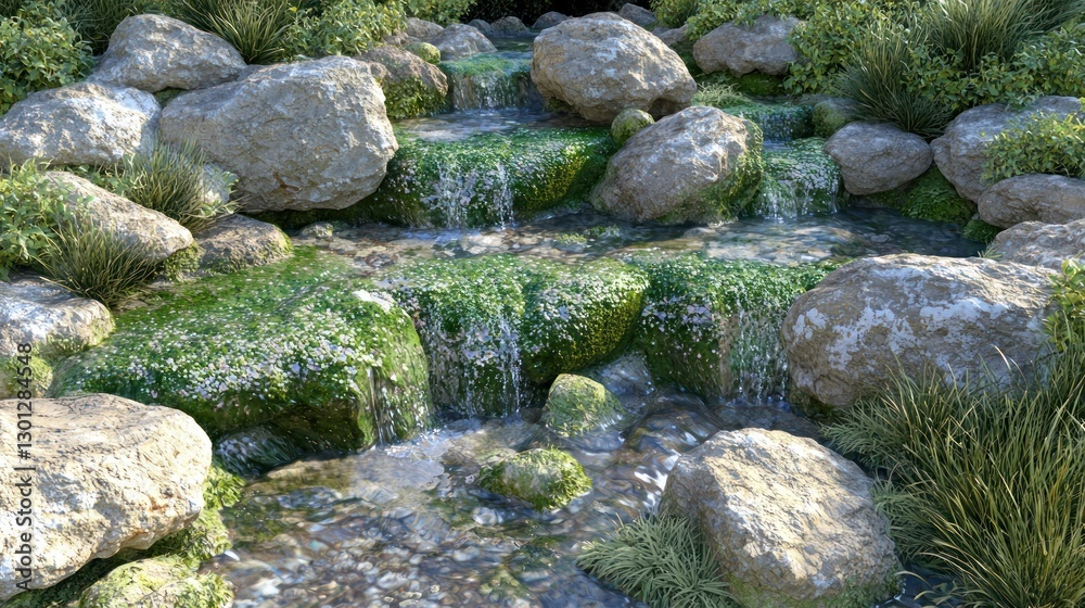 Serene Waterfall Scene: Cascading Water over Mossy Rocks in a Tranquil Garden Setting Serene Waterfall Scene: Cascading Water over Mossy Rocks in a Tranquil Garden Setting