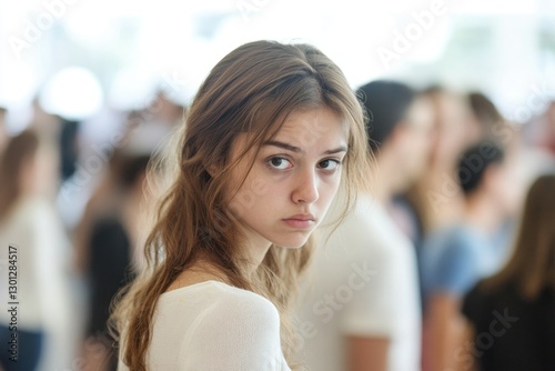 A young woman stands among a group of people, likely in a public gathering or event