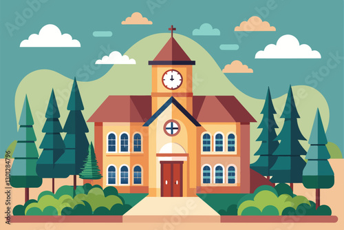 An inviting orphanage with a clock tower surrounded by trees and hills creates a cheerful atmosphere, Orphanage Customizable Flat Illustration