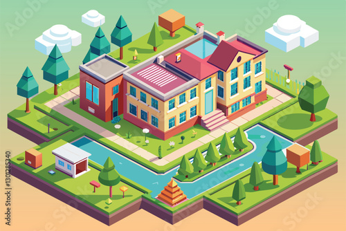 An isometric view showcases a colorful orphanage with greenery, water features, and playful architecture, Orphanage Customizable Isometric Illustration