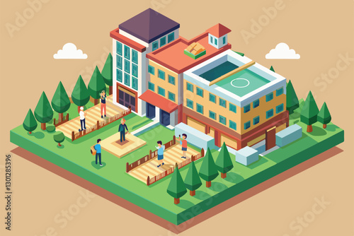 Children engage in outdoor activities at a vibrant, customizable orphanage with green spaces, Orphanage Customizable Isometric Illustration